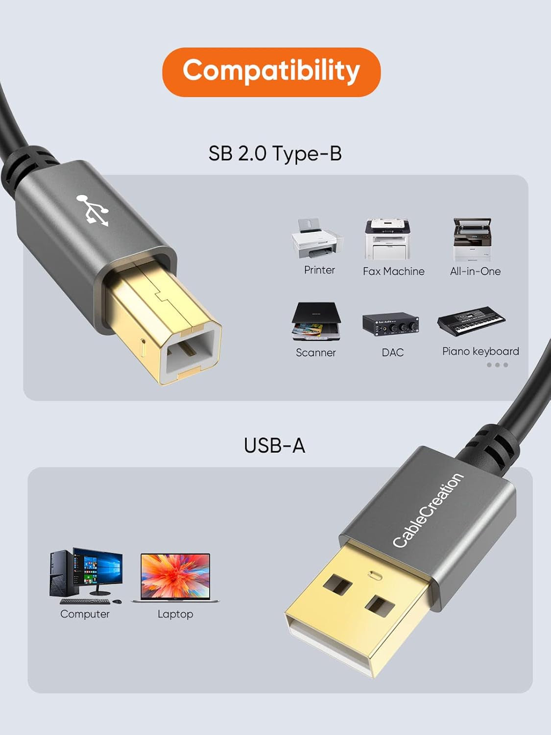 Long USB Printer Cable 15 Feet, USB a Male to B Male Printer Cord for HP, Brother, Epson, Canon, Piano, Dac, Aluminum Case, Space Gray 4.5M