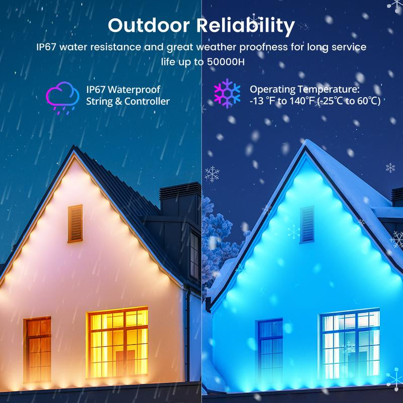 SUNLINKCO RGB+IC Permanent Outdoor Lights for House Garden, 50Ft Smart Eave Lights, String Lights, IP67 Waterproof, for Christmas Halloween Decor Birthday Gift with Alexa, Google Assistant App/Remote Control Decorative Free Shipping