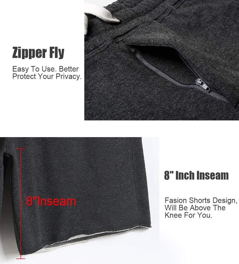 Mens Cotton 8" Long Casual Lounge Fleece Shorts Pockets Jogger Athletic Workout Gym Sweat Shorts Dark Grey