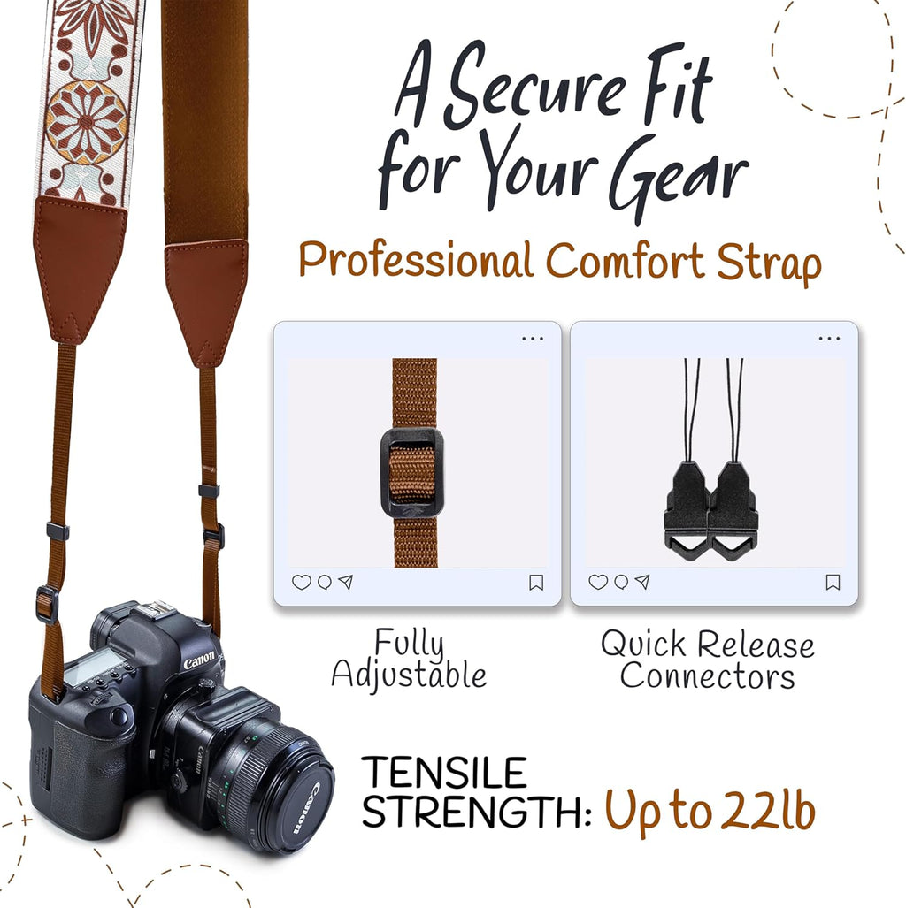 Camera Strap for All DSLR and Mirrorless Cameras Including Binoculars, Embroidered White Woven Universal Neck & Shoulder Strap Floral Pattern for Photographers Men Women, Best Gift for Photographers