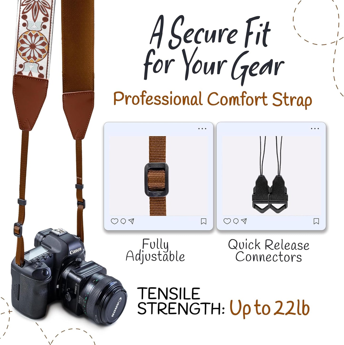 Camera Strap for All DSLR and Mirrorless Cameras Including Binoculars, Embroidered White Woven Universal Neck & Shoulder Strap Floral Pattern for Photographers Men Women, Best Gift for Photographers