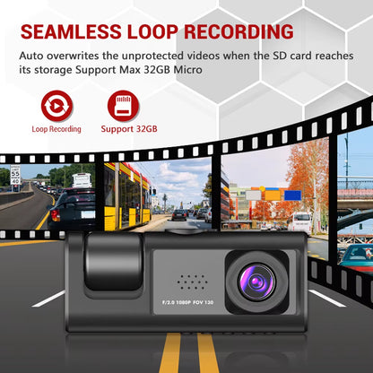 Dash Cam W/ IR Night Vision Loop Recording & 2" IPS Screen 1080P 3 Camera ， DVR Recorder, Video Recorder, Vehicle DVR