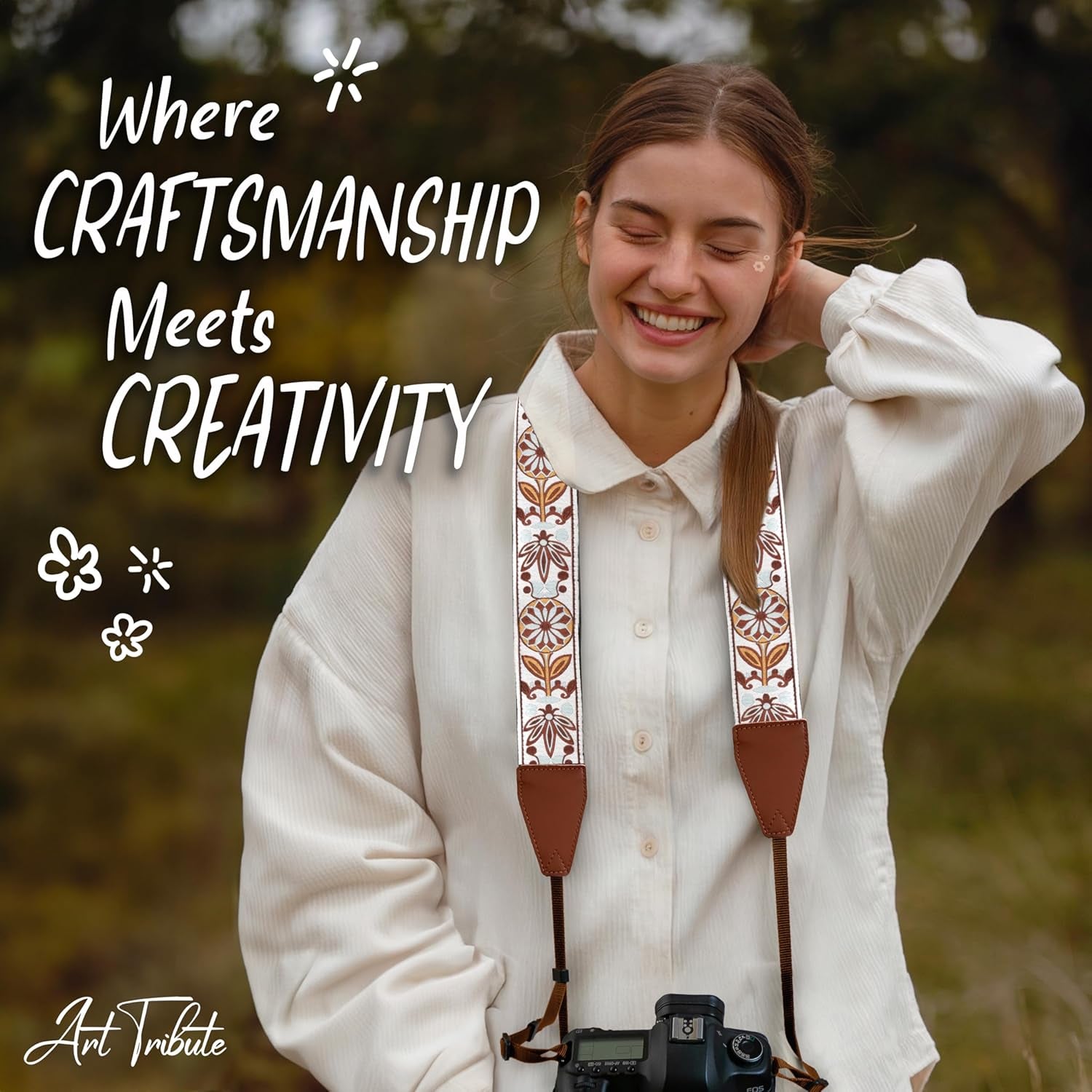 Camera Strap for All DSLR and Mirrorless Cameras Including Binoculars, Embroidered White Woven Universal Neck & Shoulder Strap Floral Pattern for Photographers Men Women, Best Gift for Photographers