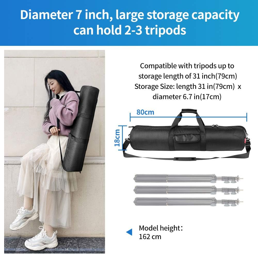 Tripod Case, 31.5X7 in Heavy Duty Tripod Bag with Shoulder Strap and Handle, All Sides 0.4In Thick Padded Carrying Case with Two Zippered Pockets for Speaker Stand, Monopod - R08018 Black