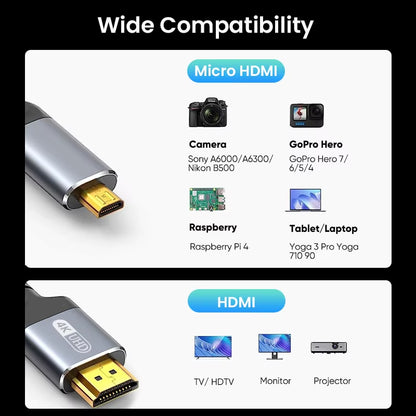 NIERBO Micro HDMI to HDMI Cable Male to Male Braided Cord Adapter 2.0 4K@60HZ 2K@165HZ 18Gbps Compatible with Camera Monitor