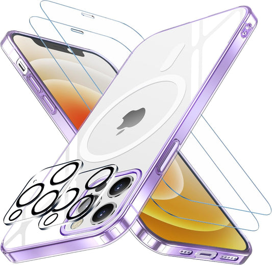 Magnetic Case for Iphone 12 Pro Max [Compatible with Magsafe] [2 Pack Tempered Glass Screen Protector + 2 Pack Camera Lens Protector], Super Slim Phone Case (0.39" Added) - Clear Purple