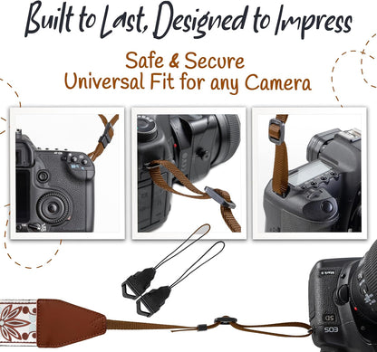 Camera Strap for All DSLR and Mirrorless Cameras Including Binoculars, Embroidered White Woven Universal Neck & Shoulder Strap Floral Pattern for Photographers Men Women, Best Gift for Photographers