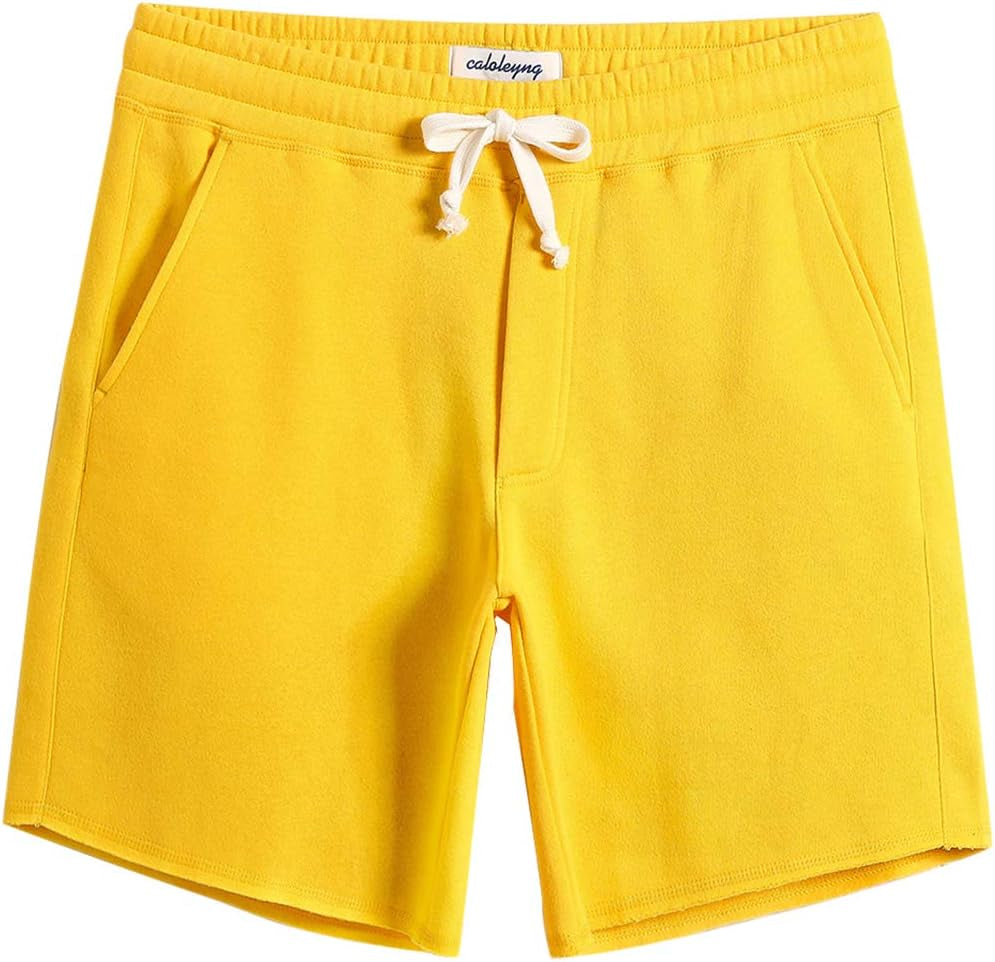 Mens Cotton 8" Long Casual Lounge Fleece Shorts Pockets Jogger Athletic Workout Gym Sweat Shorts Yellow