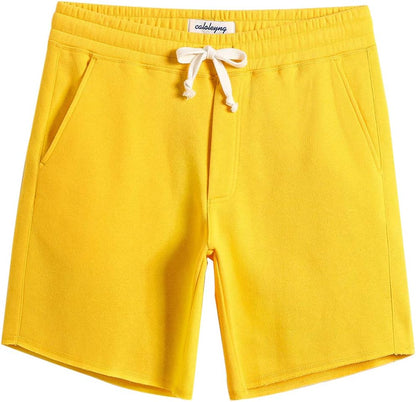 Mens Cotton 8" Long Casual Lounge Fleece Shorts Pockets Jogger Athletic Workout Gym Sweat Shorts Yellow