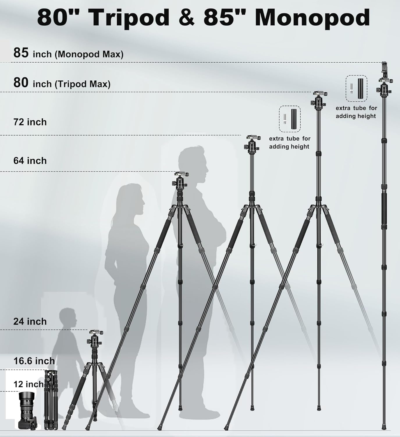 80/85 Inches Heavy Duty Tripod for Camera and Phone, 85" Camera Monopod Tripods, DSLR Binoculars Spotting Scope Camcorders Video Tripod Stand, 360 Degree Ball Head, 35 Lbs Loads