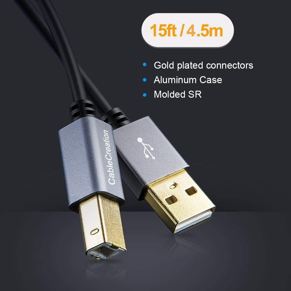Long USB Printer Cable 15 Feet, USB a Male to B Male Printer Cord for HP, Brother, Epson, Canon, Piano, Dac, Aluminum Case, Space Gray 4.5M