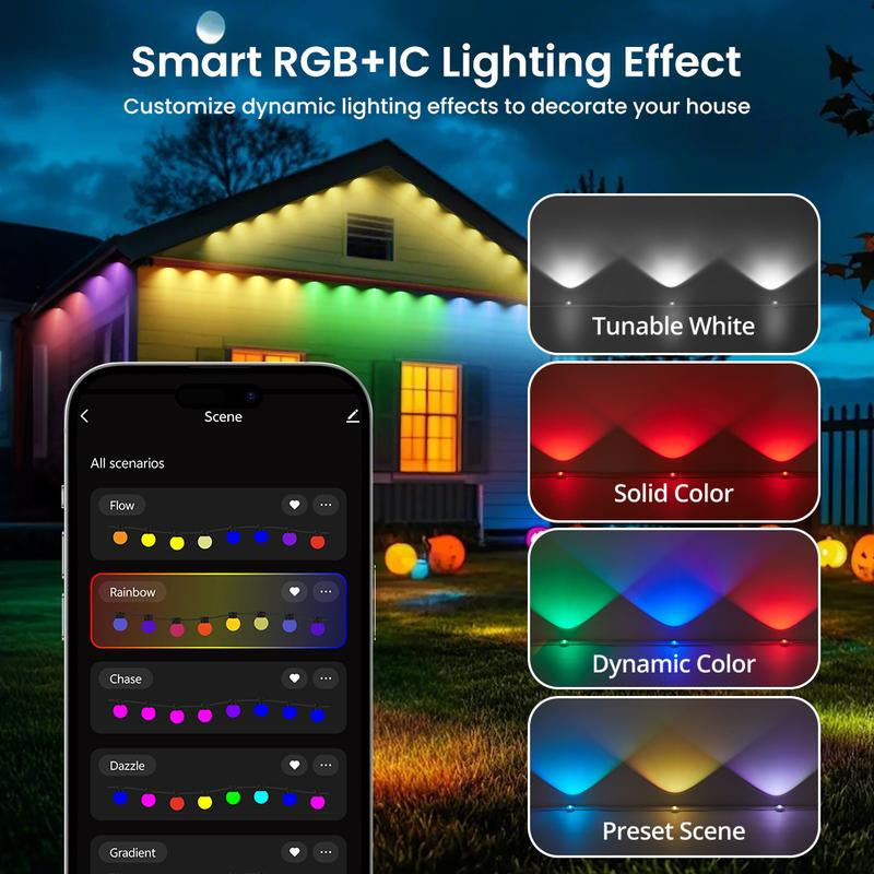 SUNLINKCO RGB+IC Permanent Outdoor Lights for House Garden, 50Ft Smart Eave Lights, String Lights, IP67 Waterproof, for Christmas Halloween Decor Birthday Gift with Alexa, Google Assistant App/Remote Control Decorative Free Shipping