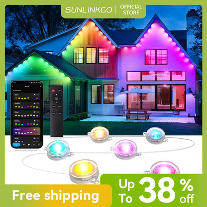 SUNLINKCO RGB+IC Permanent Outdoor Lights for House Garden, 50Ft Smart Eave Lights, String Lights, IP67 Waterproof, for Christmas Halloween Decor Birthday Gift with Alexa, Google Assistant App/Remote Control Decorative Free Shipping