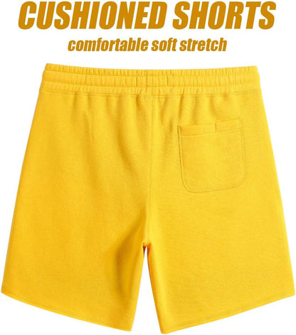 Mens Cotton 8" Long Casual Lounge Fleece Shorts Pockets Jogger Athletic Workout Gym Sweat Shorts Yellow