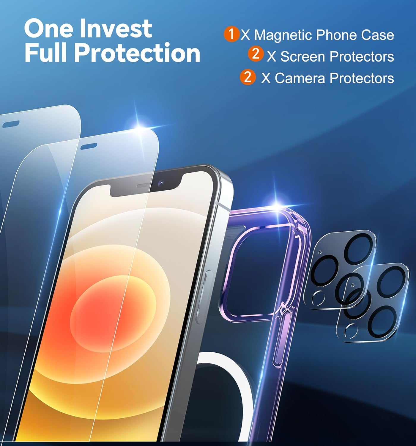 Magnetic Case for Iphone 12 Pro Max [Compatible with Magsafe] [2 Pack Tempered Glass Screen Protector + 2 Pack Camera Lens Protector], Super Slim Phone Case (0.39" Added) - Clear Purple