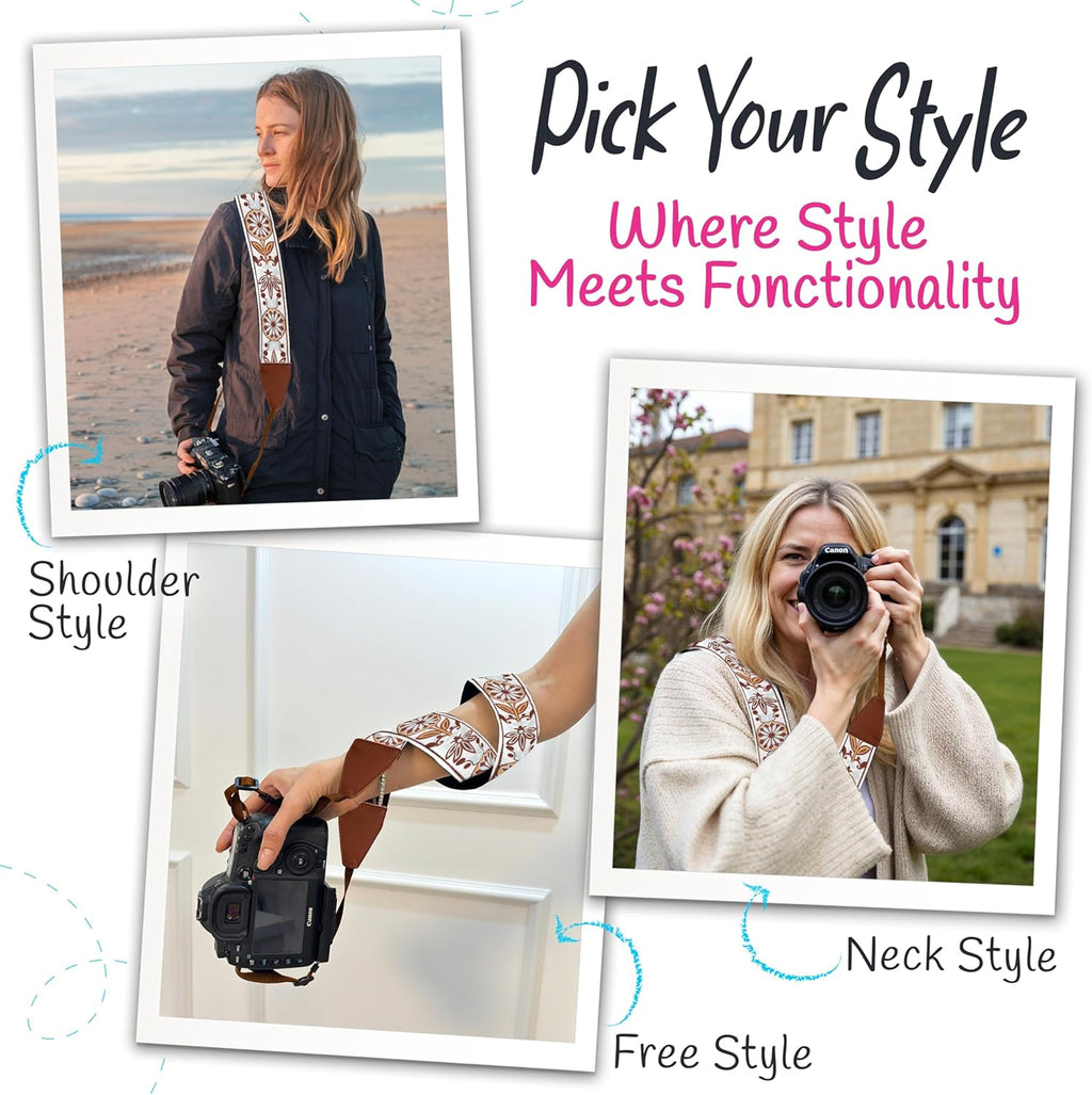 Camera Strap for All DSLR and Mirrorless Cameras Including Binoculars, Embroidered White Woven Universal Neck & Shoulder Strap Floral Pattern for Photographers Men Women, Best Gift for Photographers