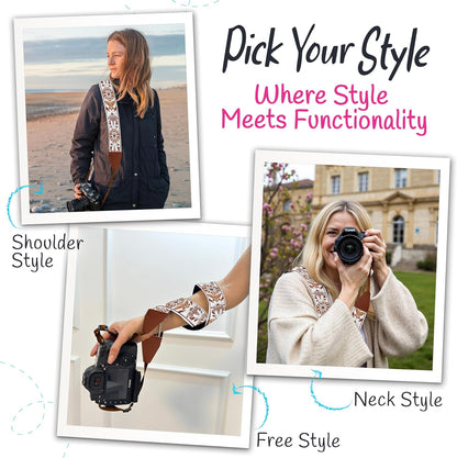 Camera Strap for All DSLR and Mirrorless Cameras Including Binoculars, Embroidered White Woven Universal Neck & Shoulder Strap Floral Pattern for Photographers Men Women, Best Gift for Photographers