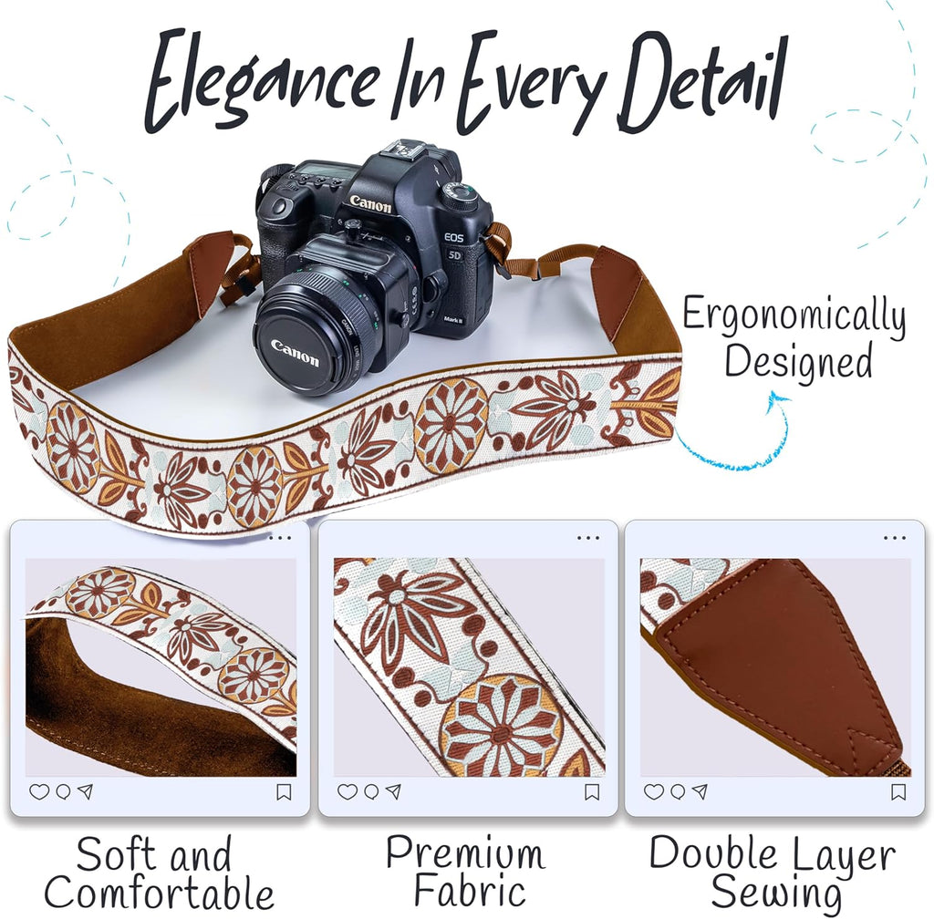 Camera Strap for All DSLR and Mirrorless Cameras Including Binoculars, Embroidered White Woven Universal Neck & Shoulder Strap Floral Pattern for Photographers Men Women, Best Gift for Photographers