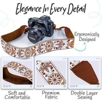 Camera Strap for All DSLR and Mirrorless Cameras Including Binoculars, Embroidered White Woven Universal Neck & Shoulder Strap Floral Pattern for Photographers Men Women, Best Gift for Photographers