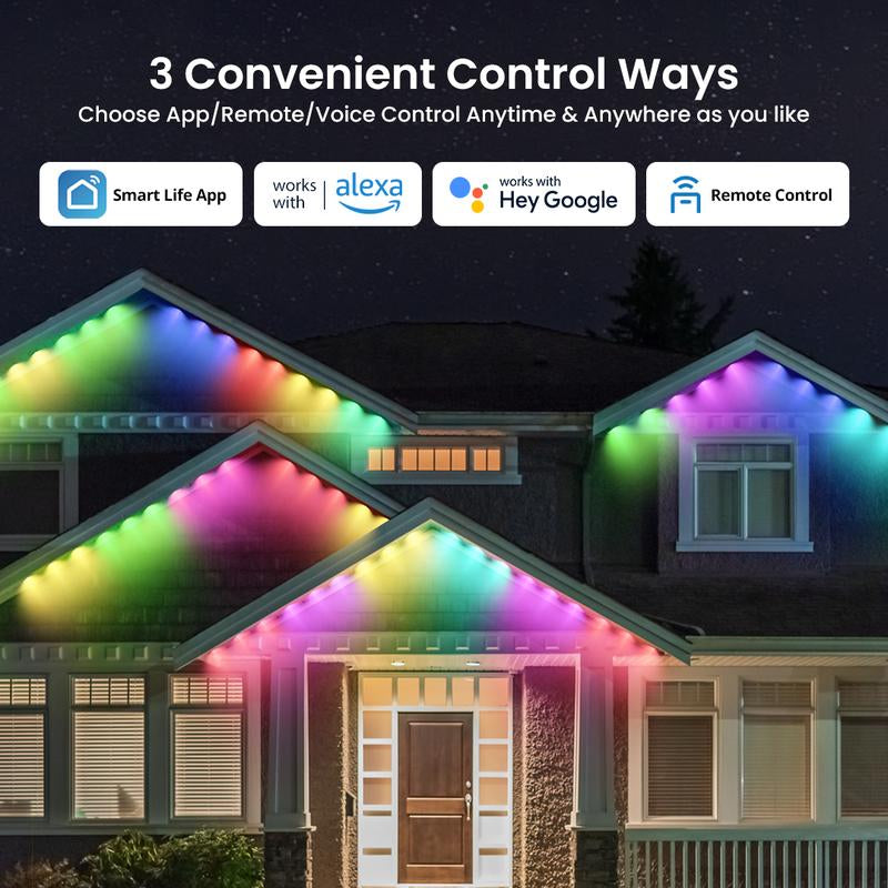 SUNLINKCO RGB+IC Permanent Outdoor Lights for House Garden, 50Ft Smart Eave Lights, String Lights, IP67 Waterproof, for Christmas Halloween Decor Birthday Gift with Alexa, Google Assistant App/Remote Control Decorative Free Shipping