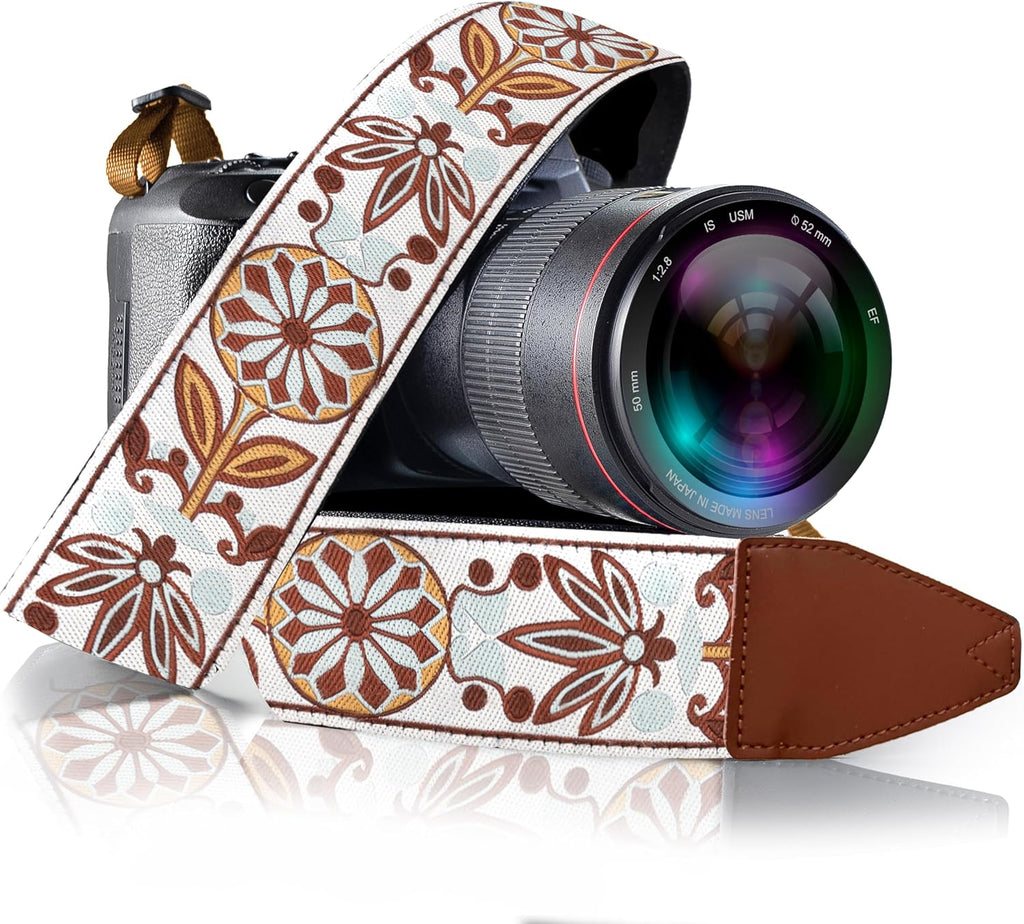 Camera Strap for All DSLR and Mirrorless Cameras Including Binoculars, Embroidered White Woven Universal Neck & Shoulder Strap Floral Pattern for Photographers Men Women, Best Gift for Photographers