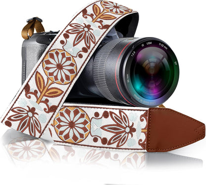 Camera Strap for All DSLR and Mirrorless Cameras Including Binoculars, Embroidered White Woven Universal Neck & Shoulder Strap Floral Pattern for Photographers Men Women, Best Gift for Photographers