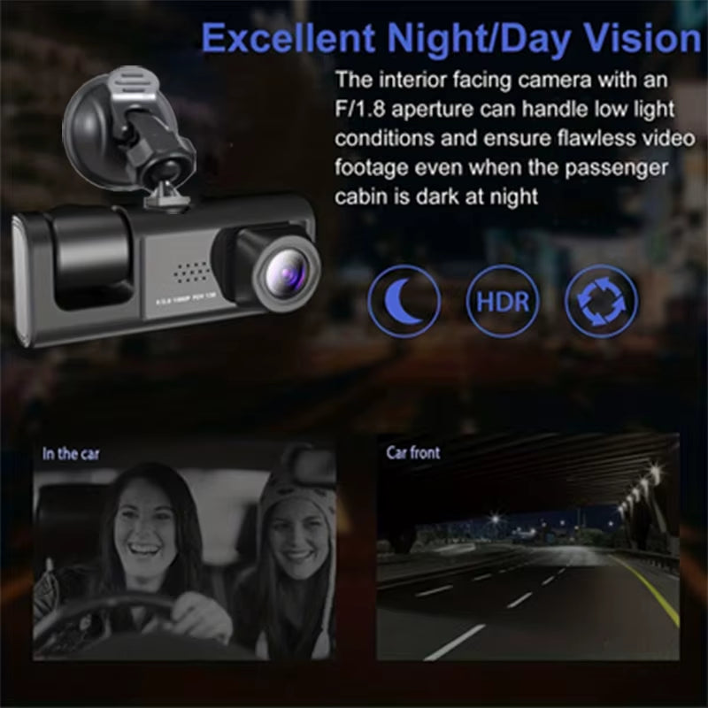 Dash Cam W/ IR Night Vision Loop Recording & 2" IPS Screen 1080P 3 Camera ， DVR Recorder, Video Recorder, Vehicle DVR