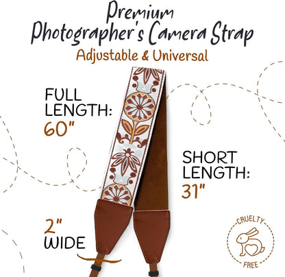 Camera Strap for All DSLR and Mirrorless Cameras Including Binoculars, Embroidered White Woven Universal Neck & Shoulder Strap Floral Pattern for Photographers Men Women, Best Gift for Photographers