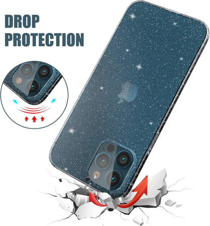 Compatible with Iphone 12 and 12 Pro Case, Slim Fit Hybrid Glitter Bling Sparkly Case for Women Shockproof Protective Flexible Bumper Cover for Iphone 12/12 Pro 6.1-Inch 2020, Clear Glitter