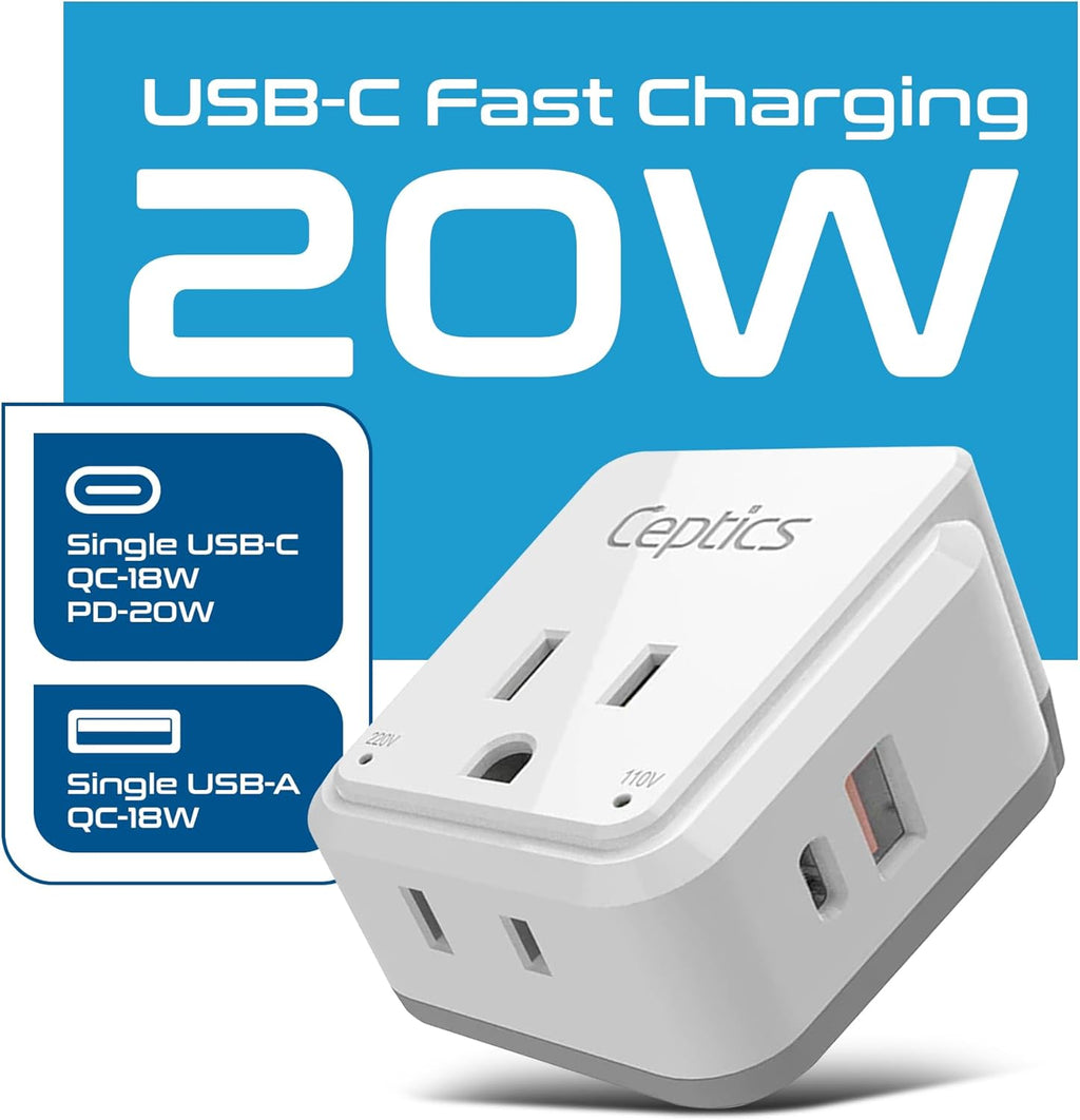 Europe Plug Adapter, 20W PD & QC, Safe Dual USB & USB-C 3.1A - 2 USA Outlet - Compact & Powerful - Use Euro, Greece, Italy, Switzerland, Turkey, Portugal - Includes Type C Swadapt Attachment