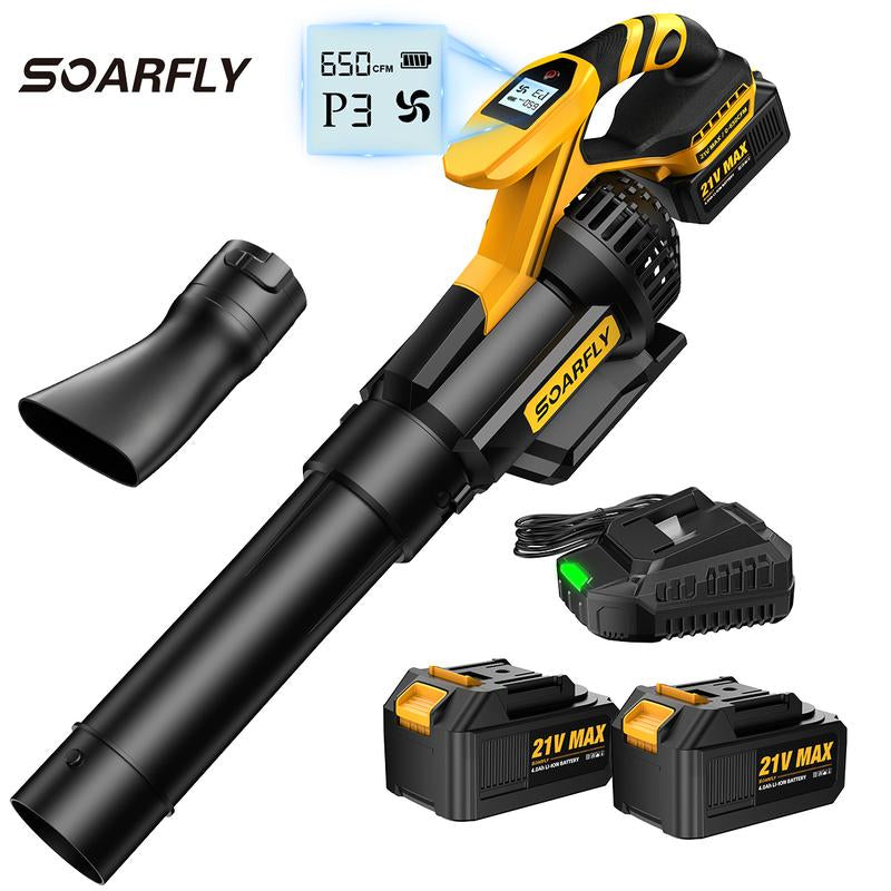 SOARFLY Cordless Leaf Blower, 650CFM/130MPH & 3 Speed Levels, with 2 × 4.0Ah Battery and Fast Charger, for Yard, Blowing Leaves, Dust, Garage, Snow