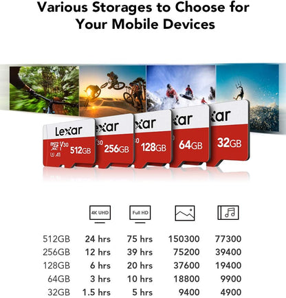 512GB Micro SD Card, Microsdxc UHS-I Flash Memory Card with Adapter - up to 100Mb/S, A1, U3, Class10, V30, High Speed TF Card